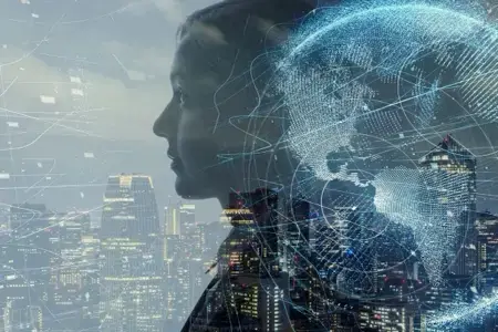 A woman's silhouette is superimposed with a digital globe and city skyline, suggesting themes of technology and globalization.