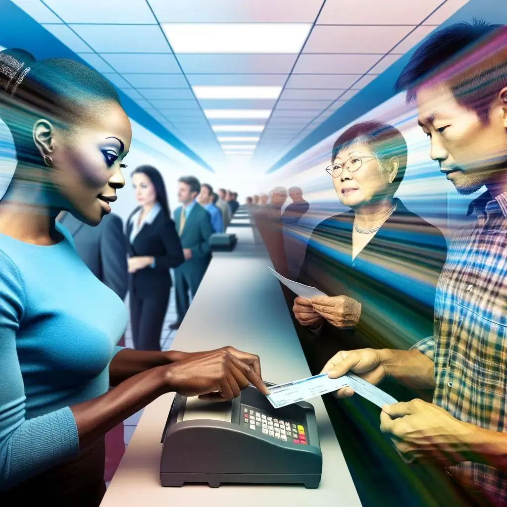 A modern office environment with people standing in a queue, handing over documents at a counter equipped with a payment terminal, illuminated by dynamic streaks of light.